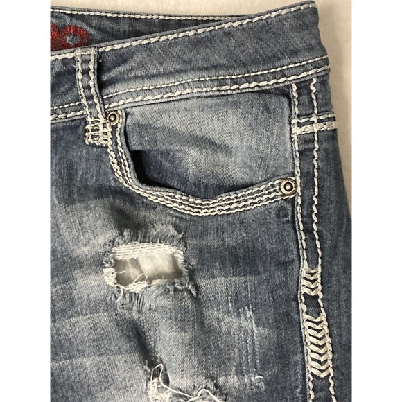 Bongo Womens Y2K Denim Distressed Jeans Low Rise Rolled Hem Embroidered Size 7 - Picture 4 of 16
